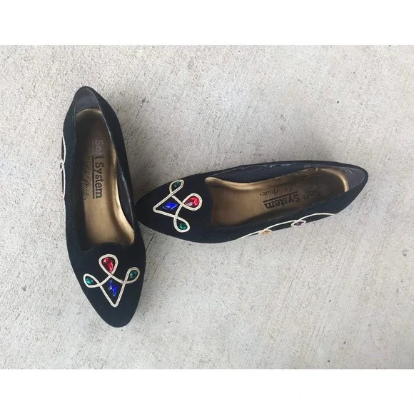 vintage 80s COLORFUL JEWELS black suede pointy FLATS unique avant garde rainbow - Picture 5 of 10